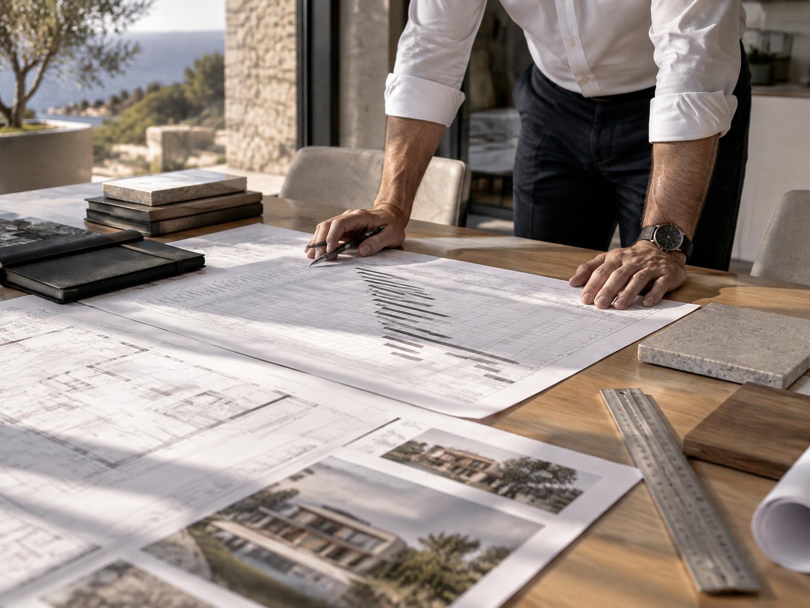 Maître d’œuvre consultant le planning détaillé d’un chantier