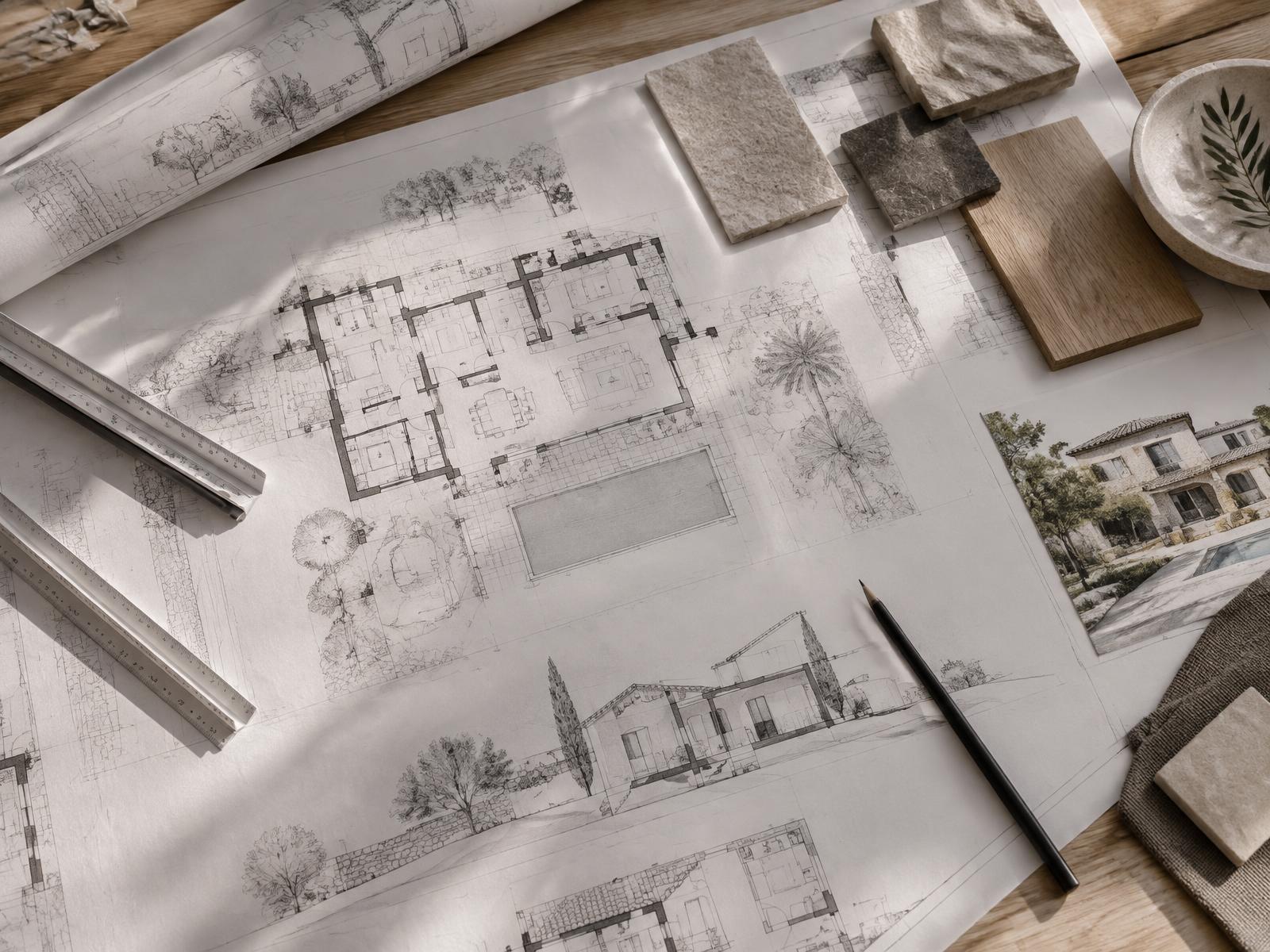 Plans techniques d’une villa méditerranéenne et sélection de matériaux